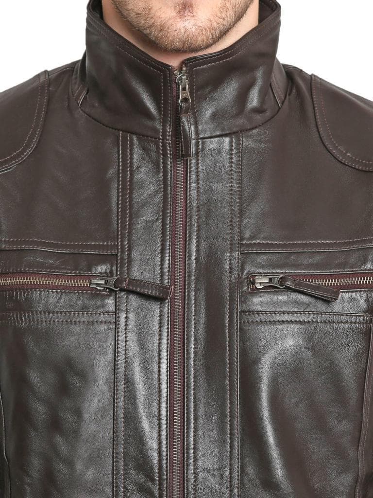 Classic Stand Collar Leather Jacket view 3