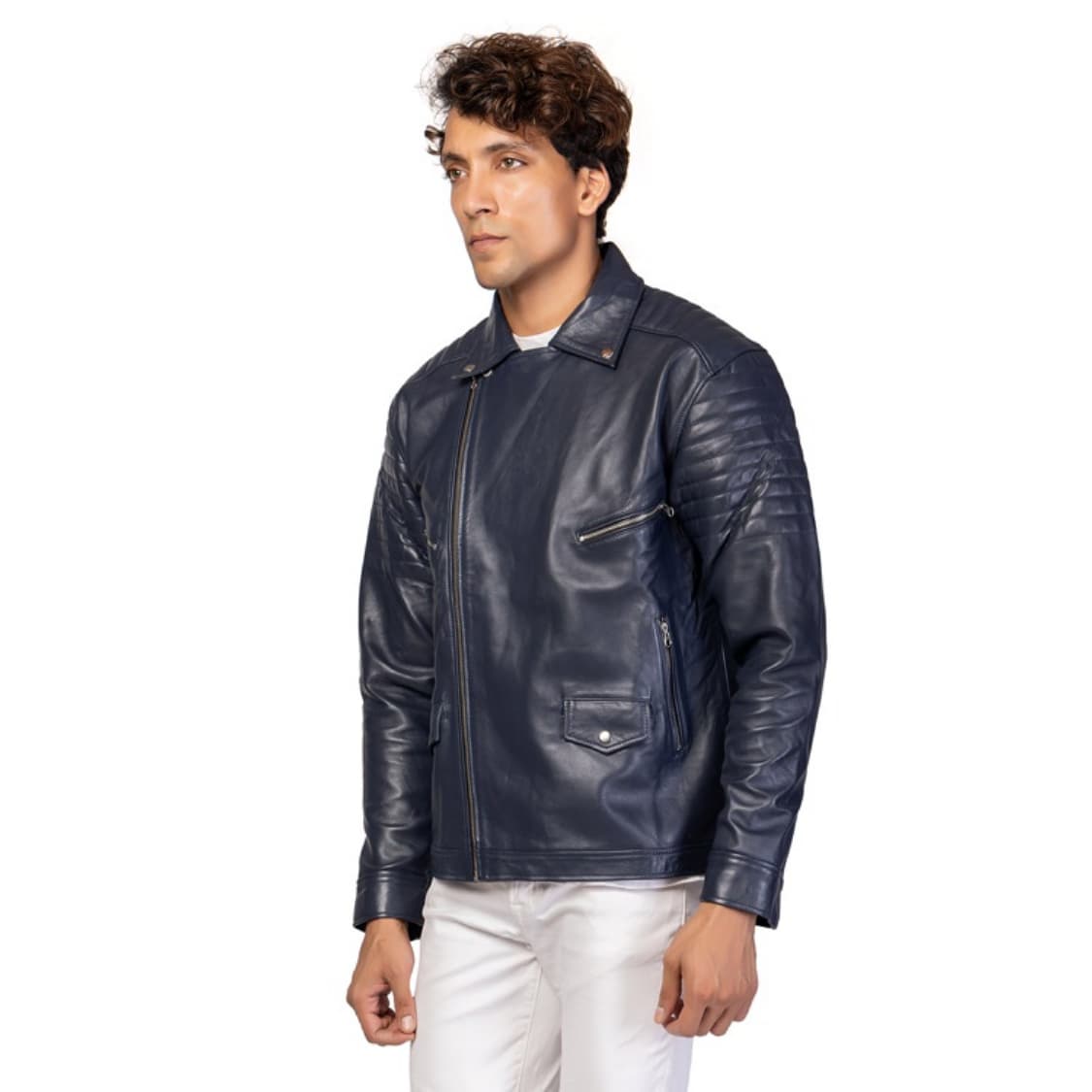 Men’s Premium Navy Blue Leather Jacket view 3