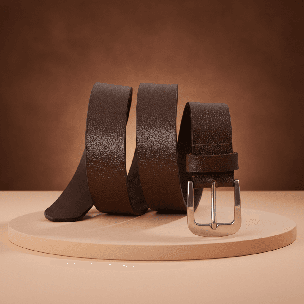 Textured Brown Leather Belt with Silver PDM Buckle