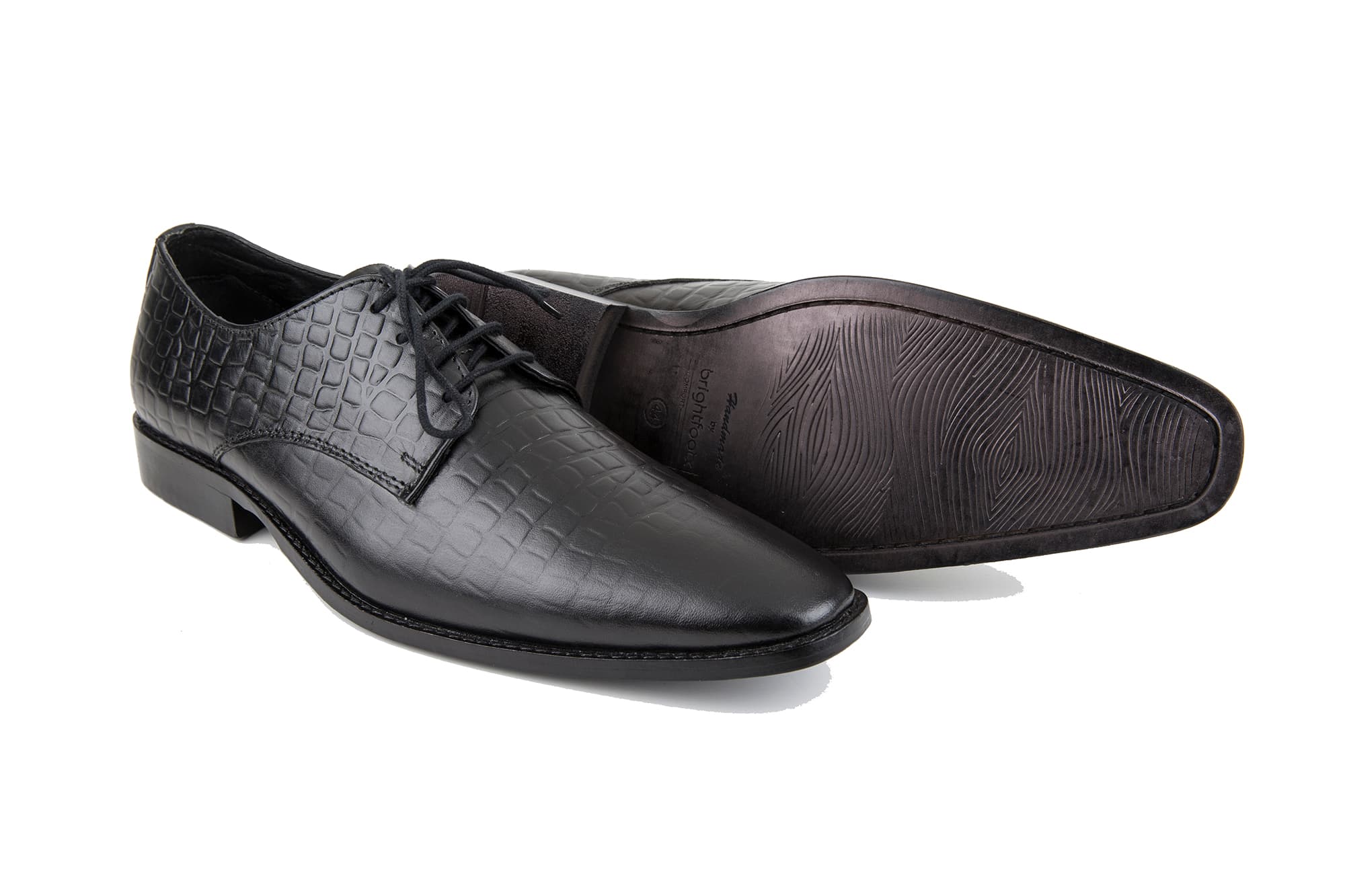 Black Croc-Texture Leather Derby Shoes