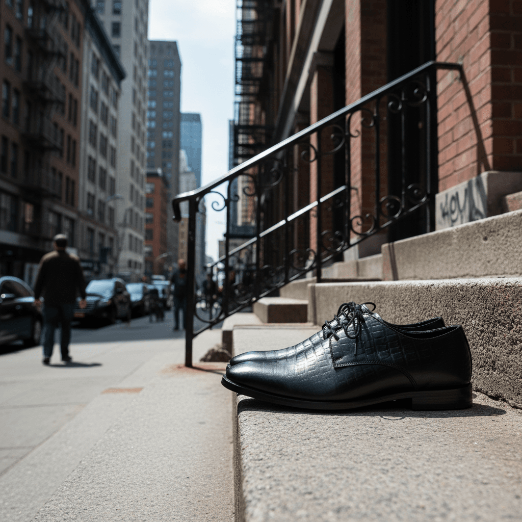 Black Croc-Texture Leather Derby Shoes