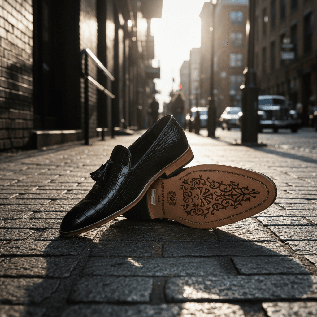 Black Croc-Texture Tassel Loafers