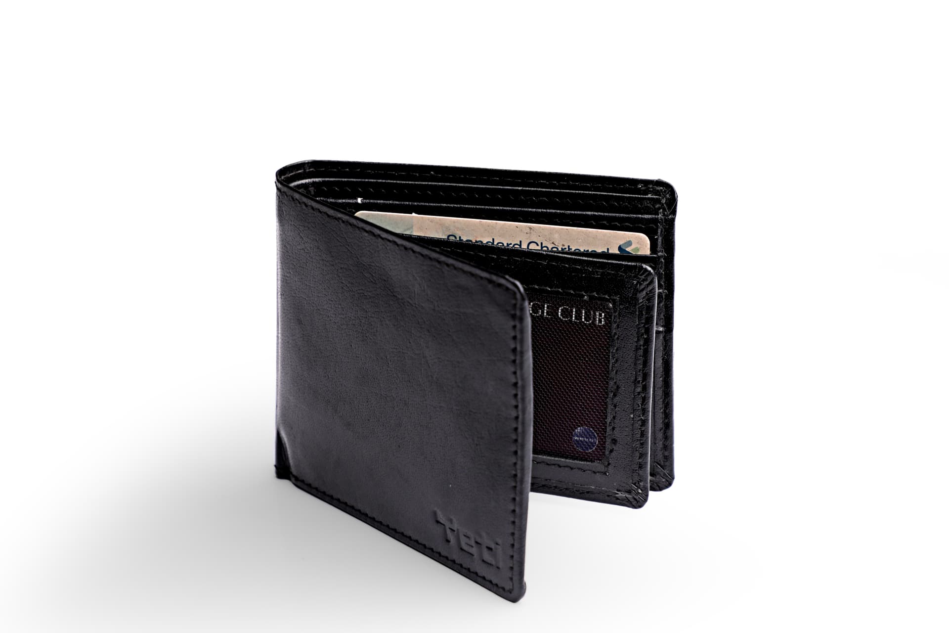Black Leather Bifold Wallet with ID Window view 1