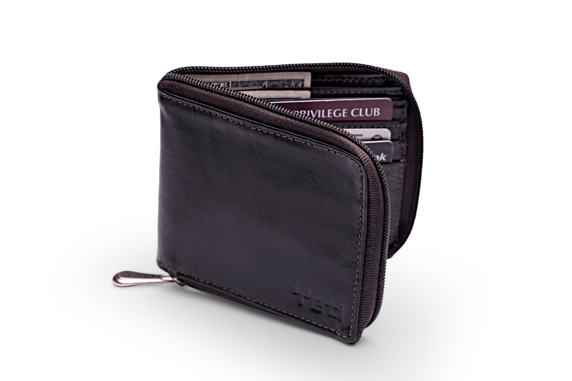 Espresso Leather Zipper Bifold Wallet view 3